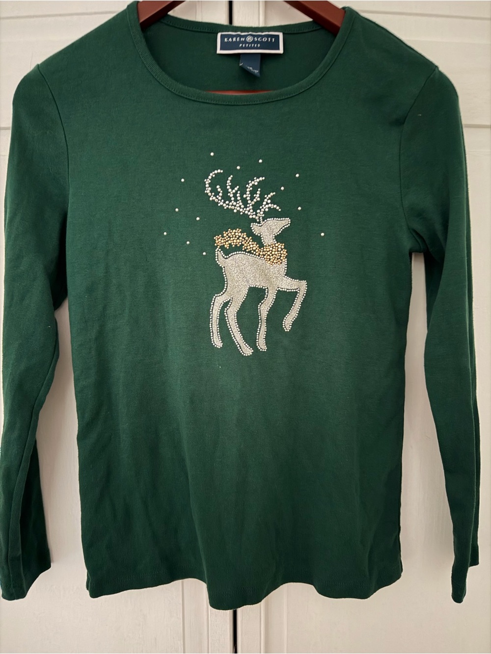 Karen Scott Dark Green Long-Sleeve Top with Jeweled Reindeer